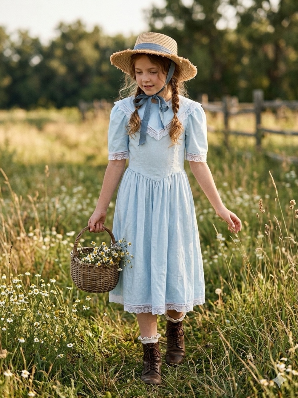 Gunne Sax Jessica McClintock Girl's Midi Dress Lace Trim Pastel Light Blue 10